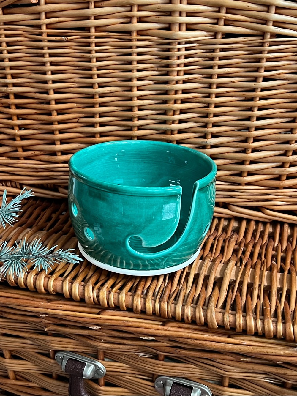 Ceramic Yarn Bowl Emerald Green Wheel Thrown knitting bowl